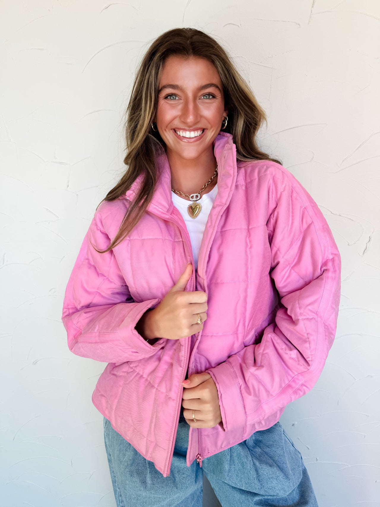 Classic Feel Zip Up Puffer Jacket- Pink