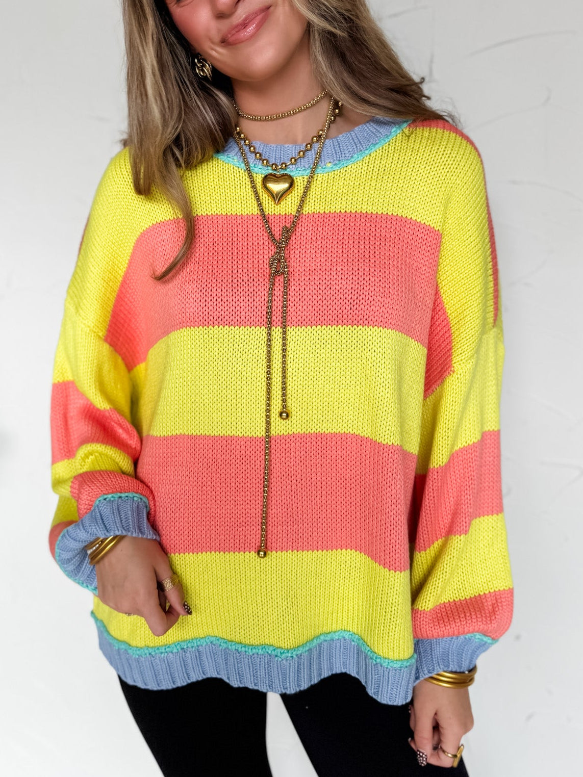 Bold & Sassy Ribbed Stripe Sweater- Lemon/Coral