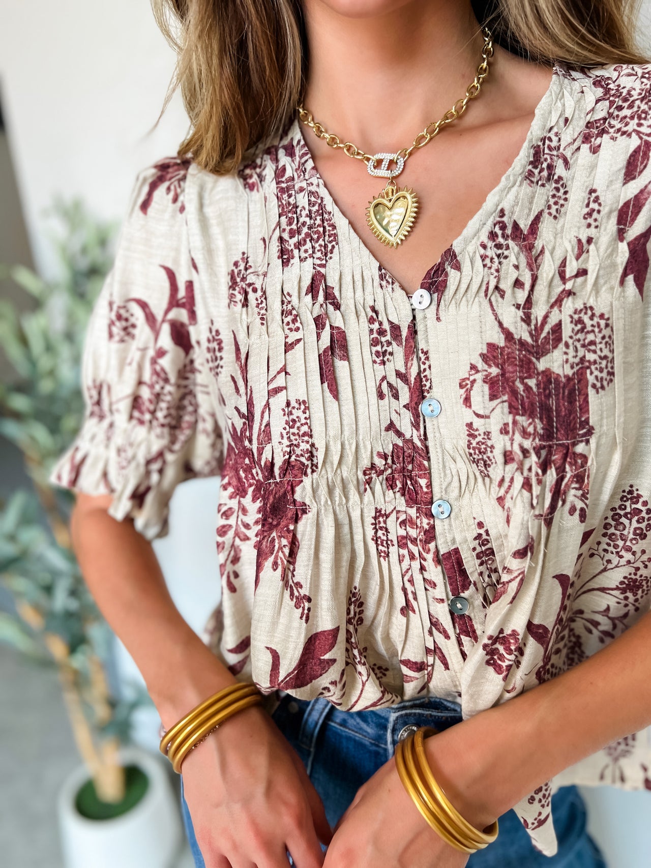 Leading With Purpose Floral V Neck Top- Burgundy