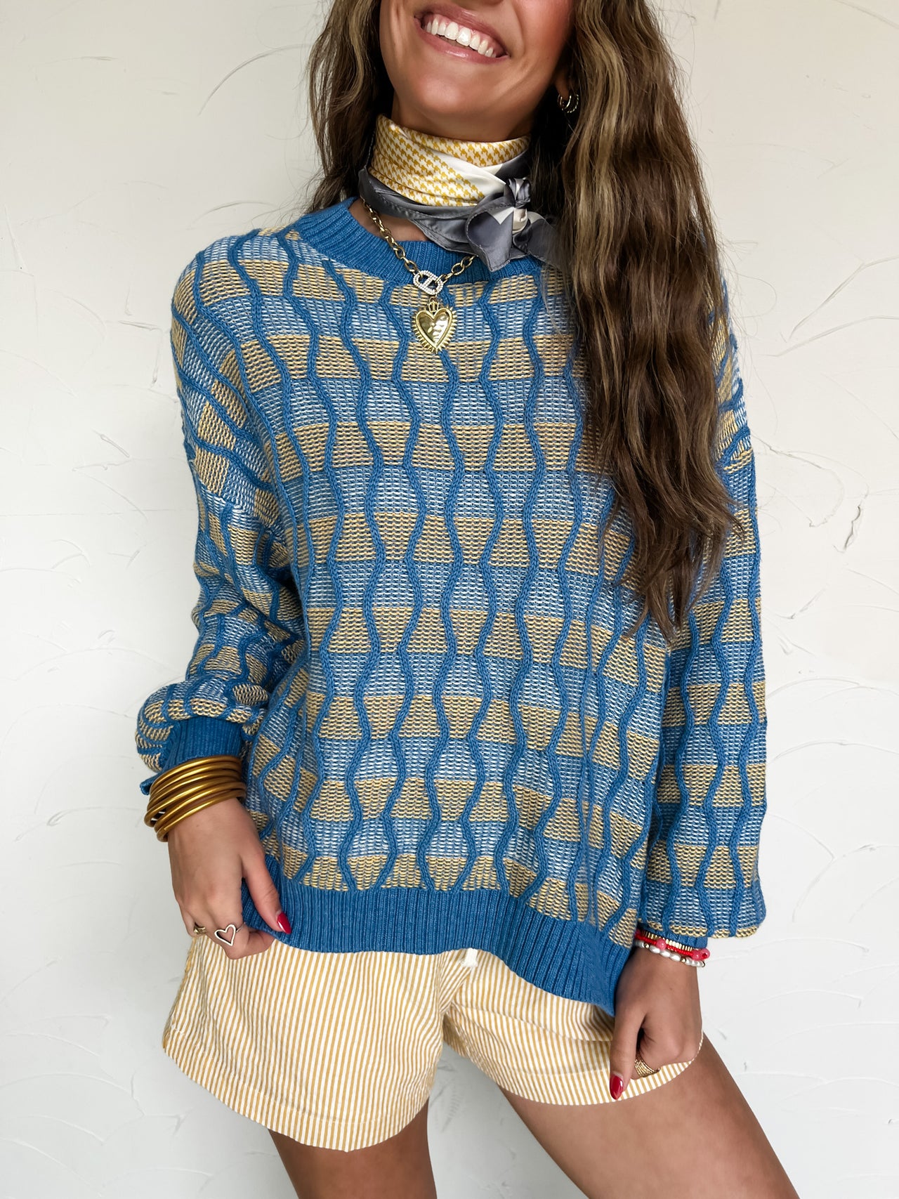 Playful Banter Geometric Crew Neck Top- Blue