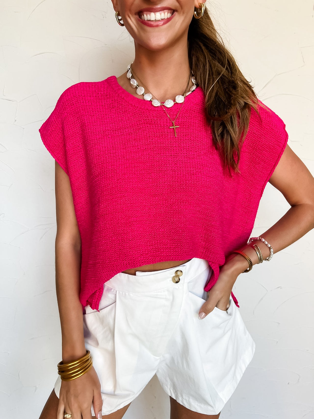 Much To Do Oversized Cutoff Sleeve Knit Top- Hot Pink