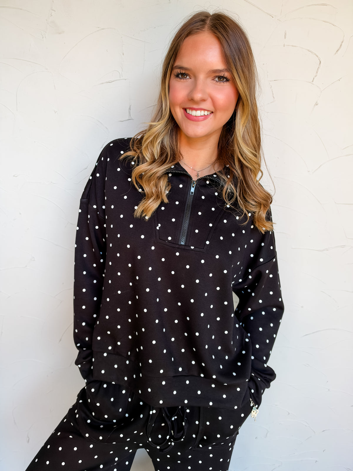 Calling On You Polka Dot Half Zip Pullover Set