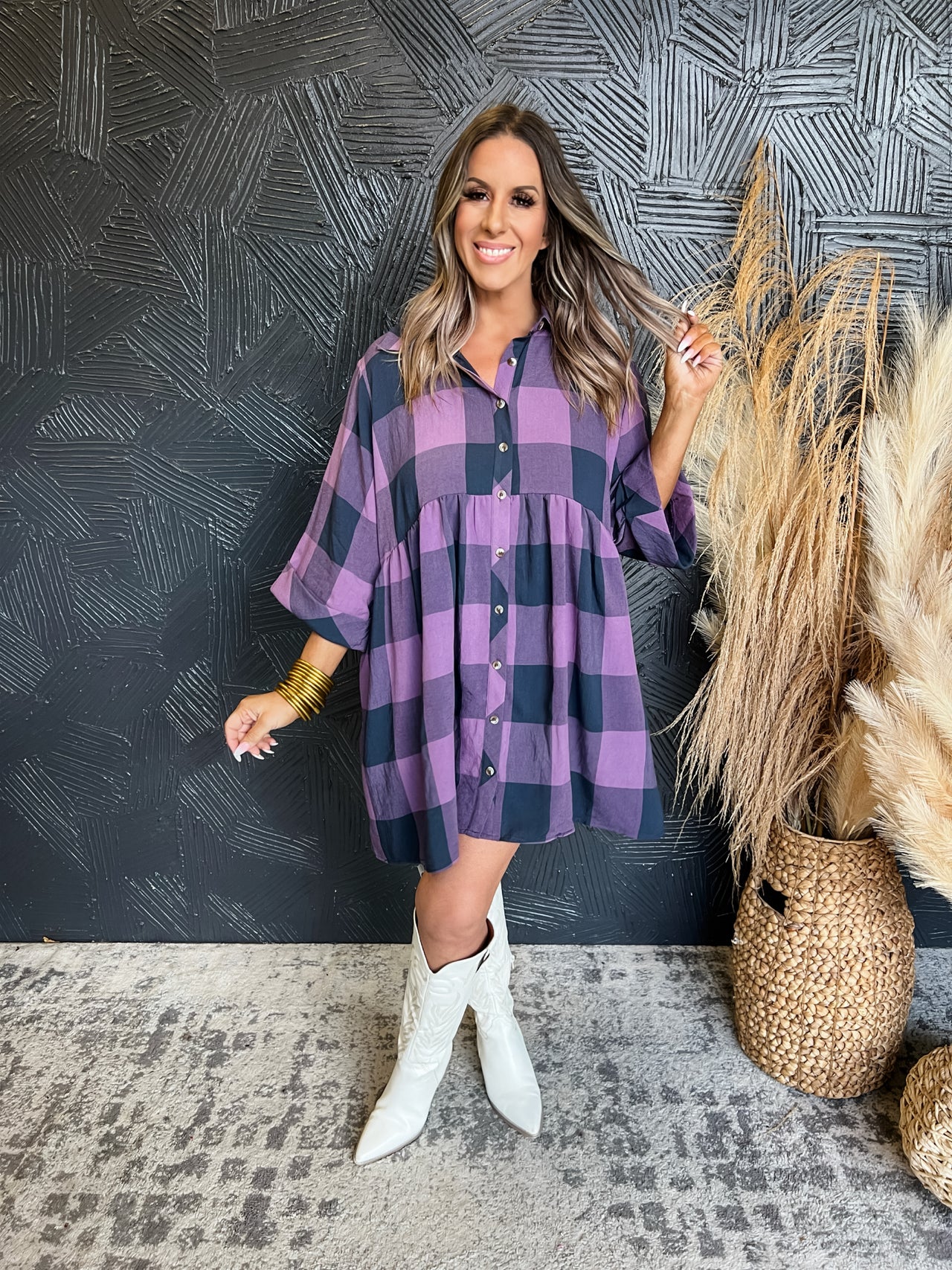 Word To The Wise Checkered Half Sleeve Dress- Eggplant