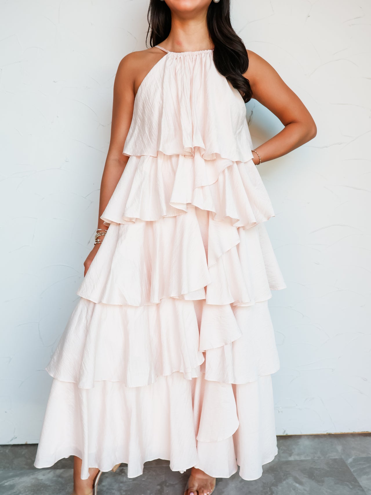 Sing Me A Melody Tiered Halter Neck Midi Dress- Lt Pink