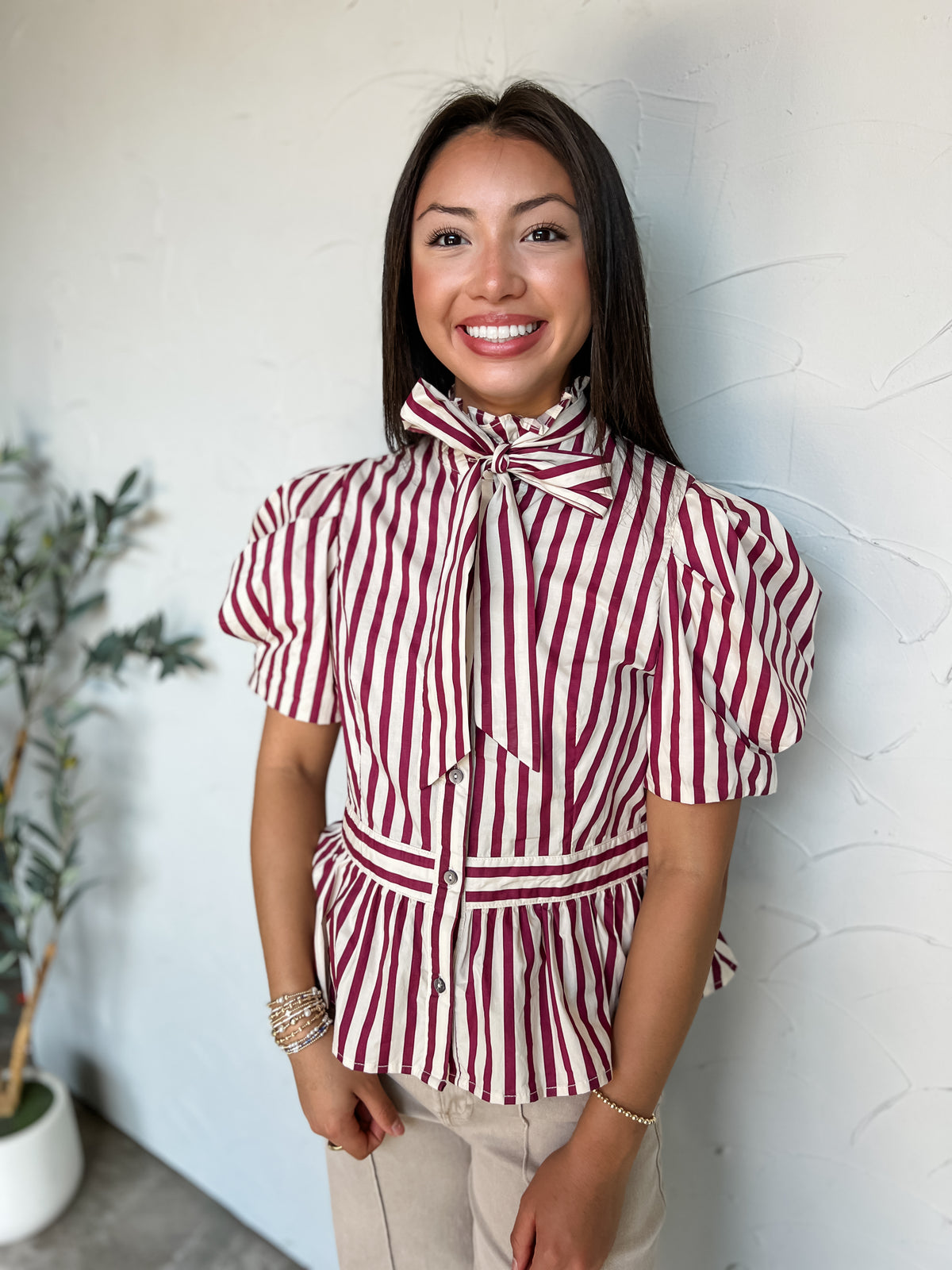 Reach The Memory Striped Puff Sleeve Top- Wine