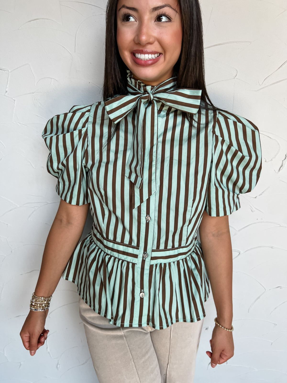 Reach The Memory Striped Puff Sleeve Top- Mint Brown