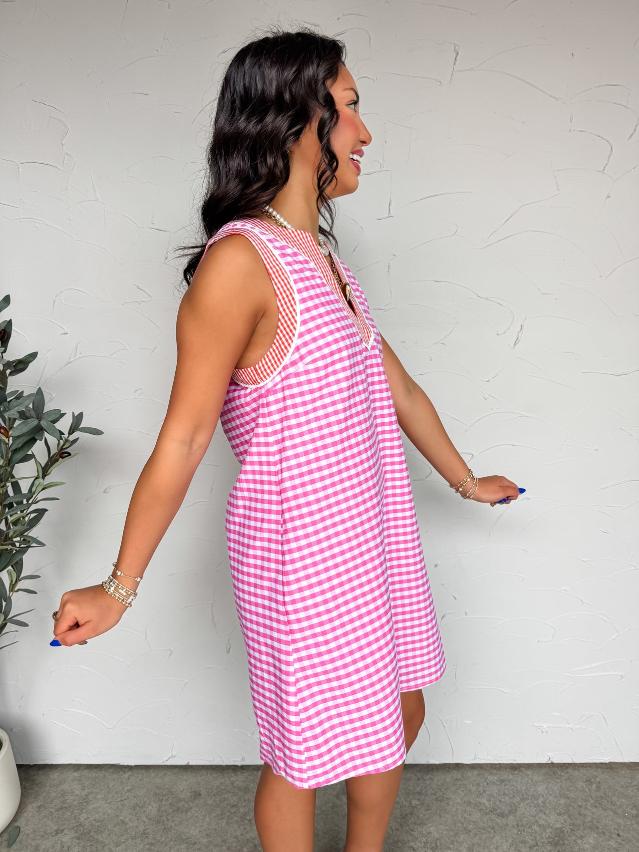 Simply Sweet Contrast Gingham Mini Dress - Lt Pink