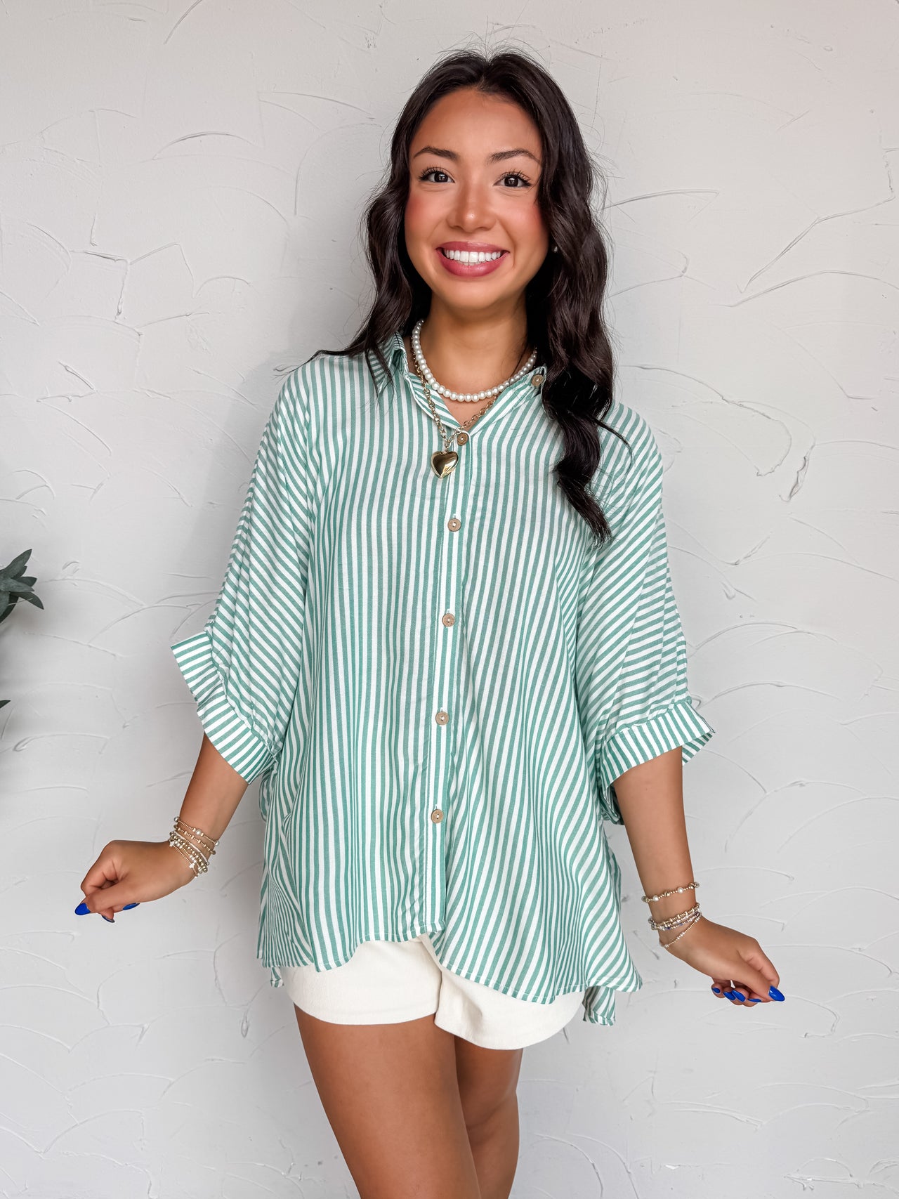 Best Thing In Life Rayon Striped Button Up Top-Kelly Green