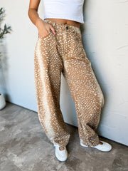 Oh Dear Loose Fit Barrel Denim Jeans by Anniewear in 100% cotton, featuring a brown-and-cream spotted print, curved barrel legs, belt loops, and front and back pockets