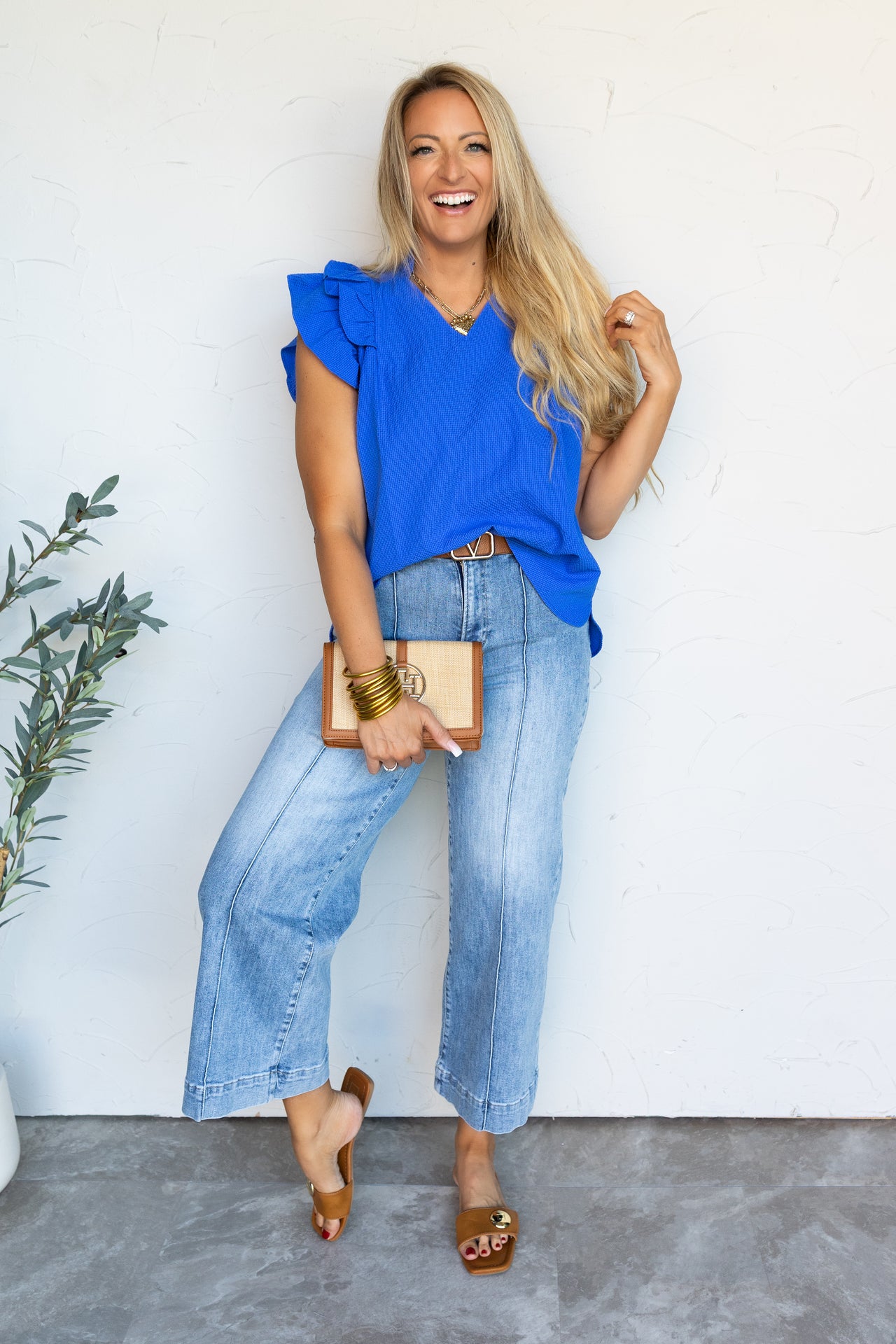 All For The Pic Ruffle Sleeve V Neck Top - Ocean