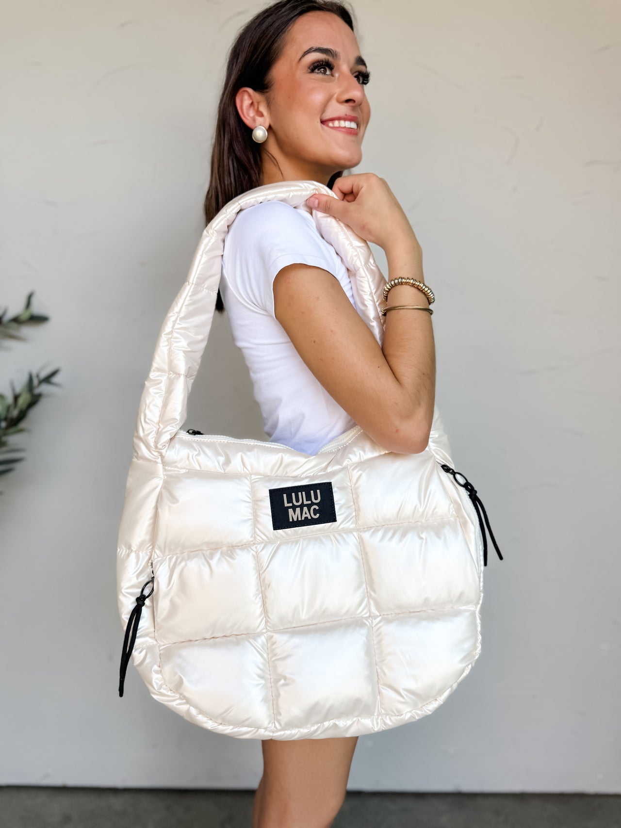 Lulu Mac Puffer Metallic Tote Bag- Off White