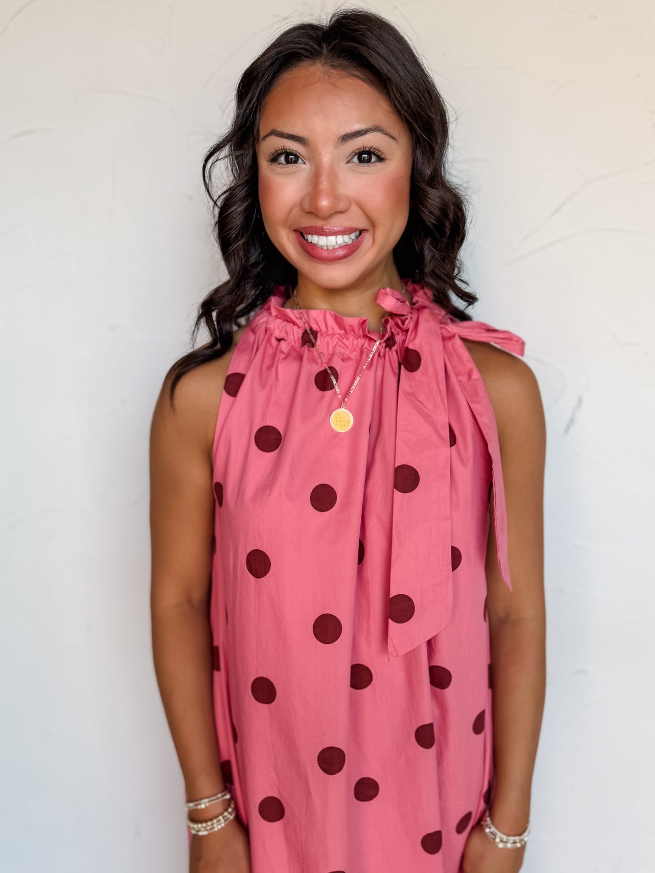 Give Me The Hope Polka Dot Tie Ruffle Neck Midi Dress- Mauve