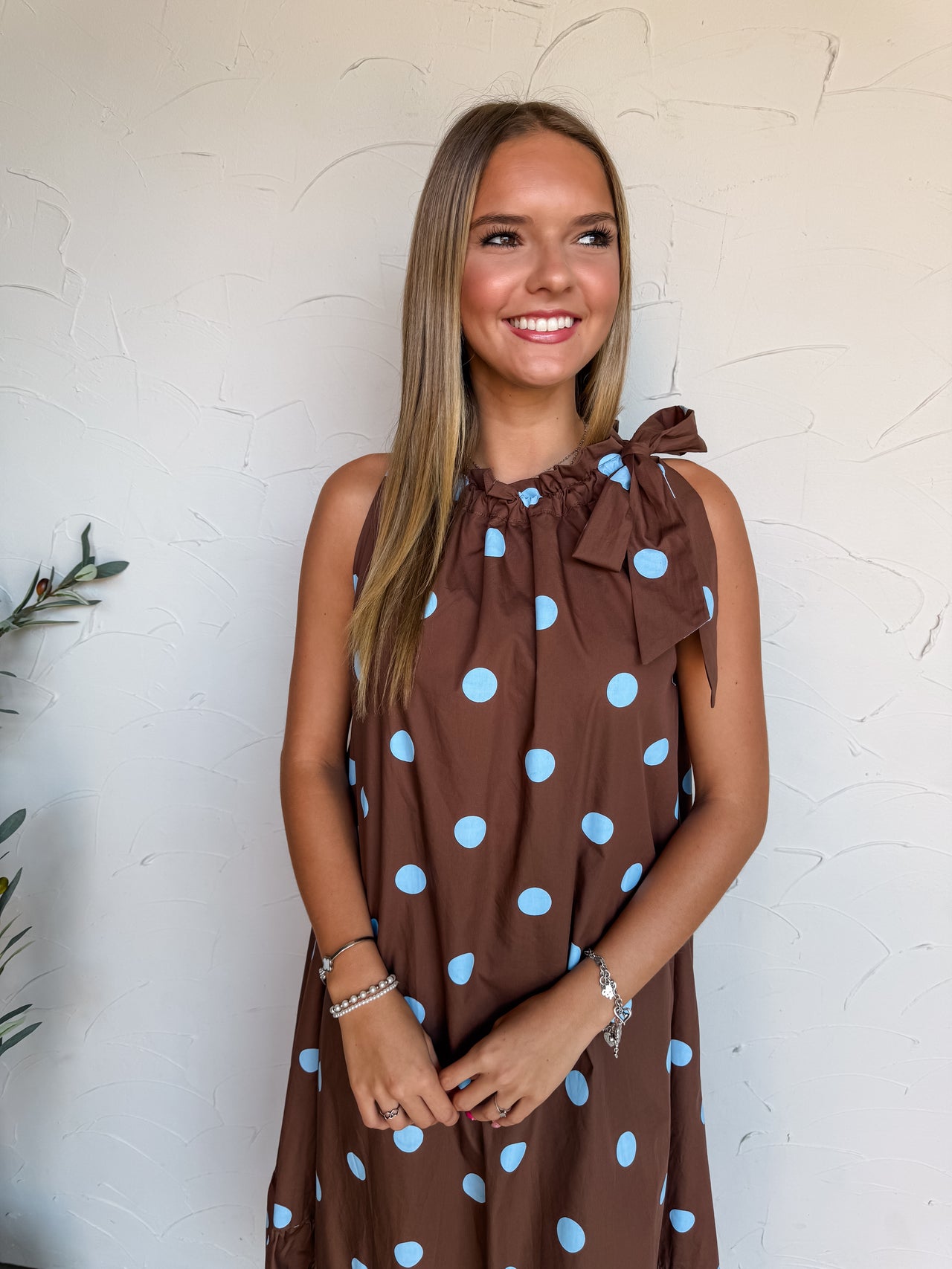 Give Me The Hope Polka Dot Tie Ruffle Neck Midi Dress- Brown