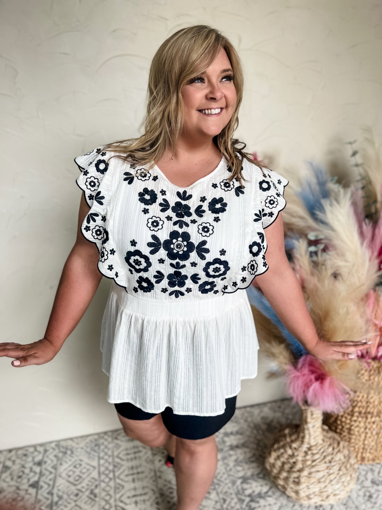 Seeing Black & White Floral Embroidered Top