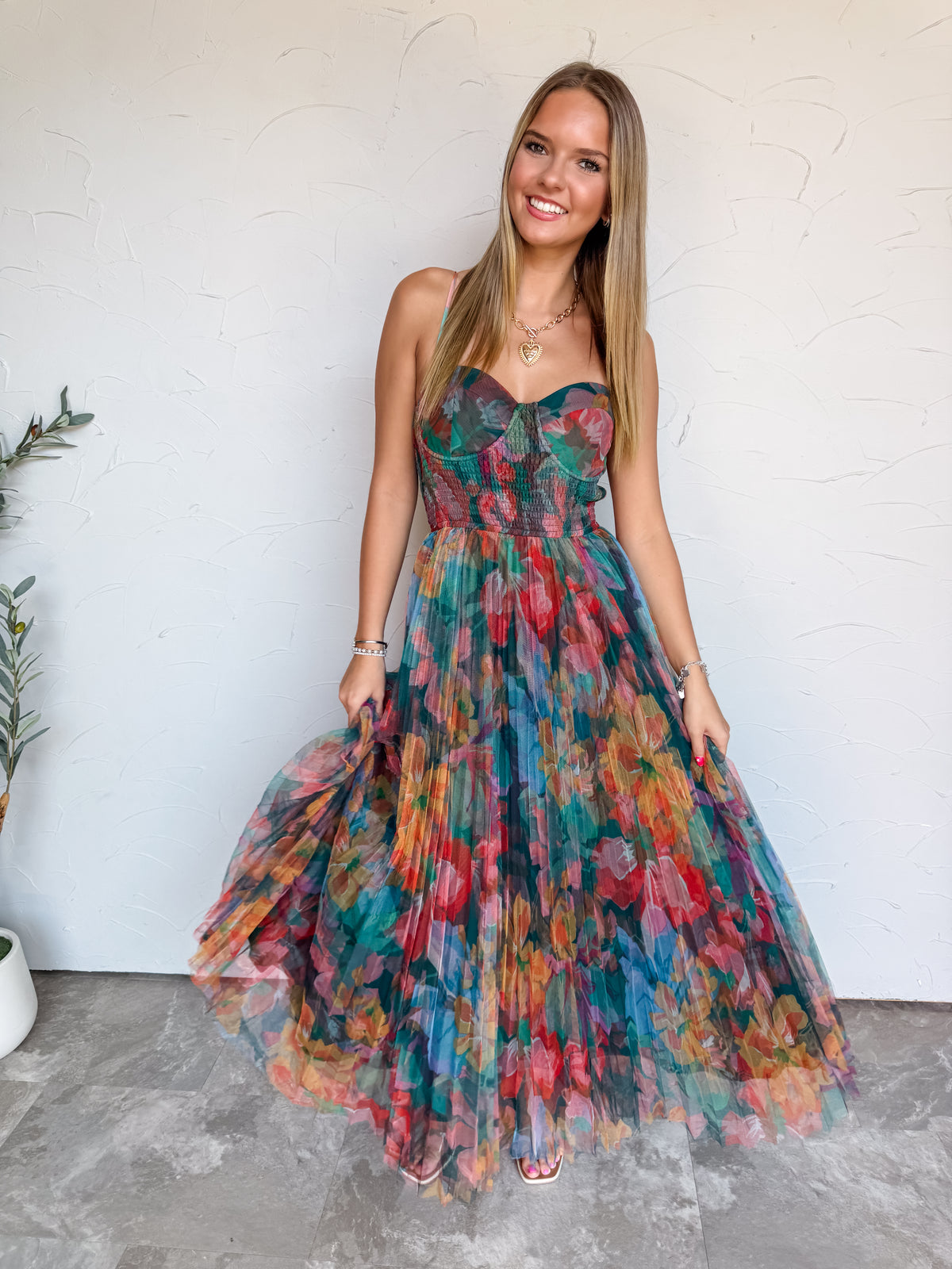 She's A Happy Girl Pleated Floral Tulle Maxi Dress- Orange