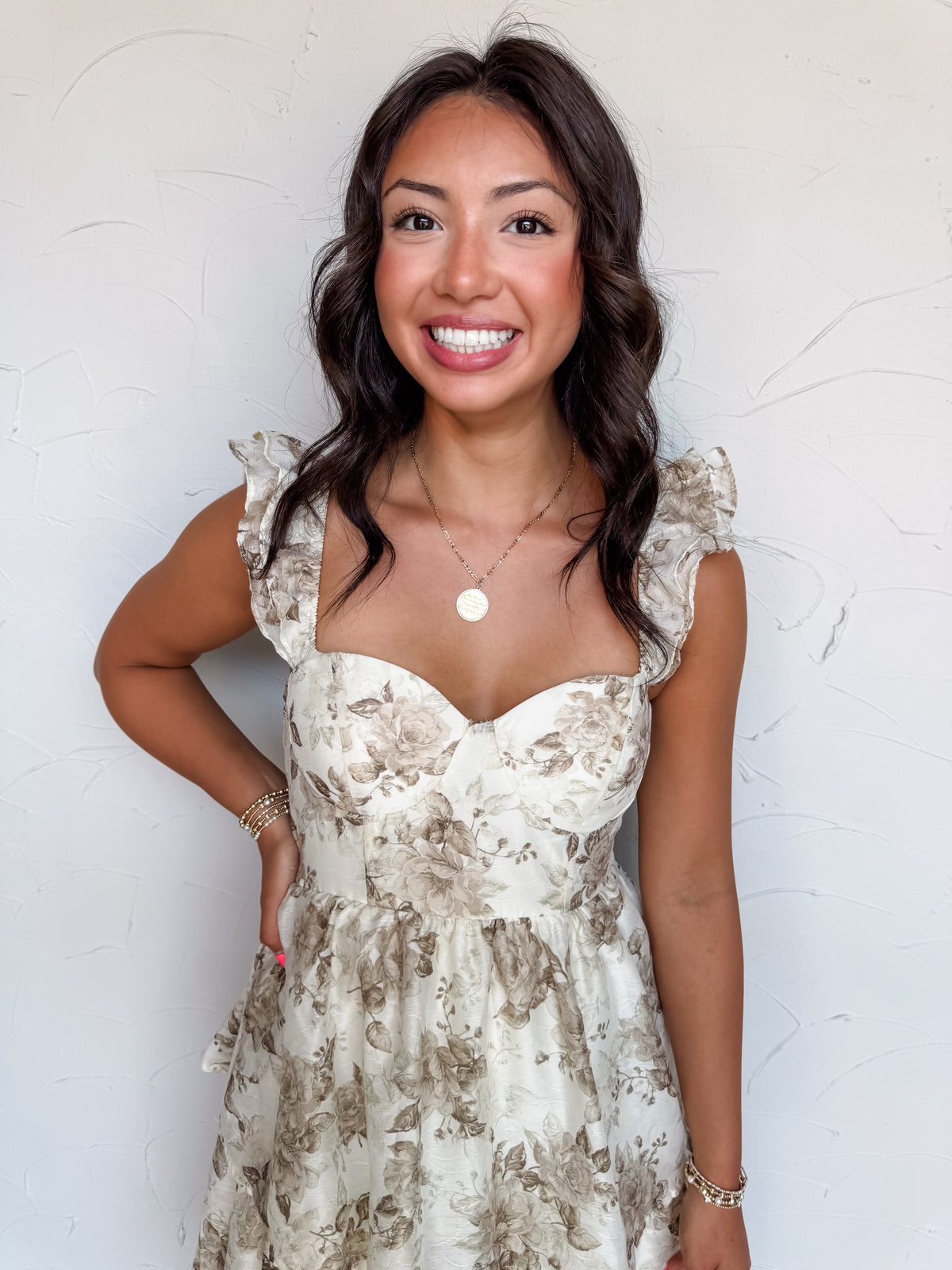Casually Yours Floral Tiered Midi Dress- Light Khaki
