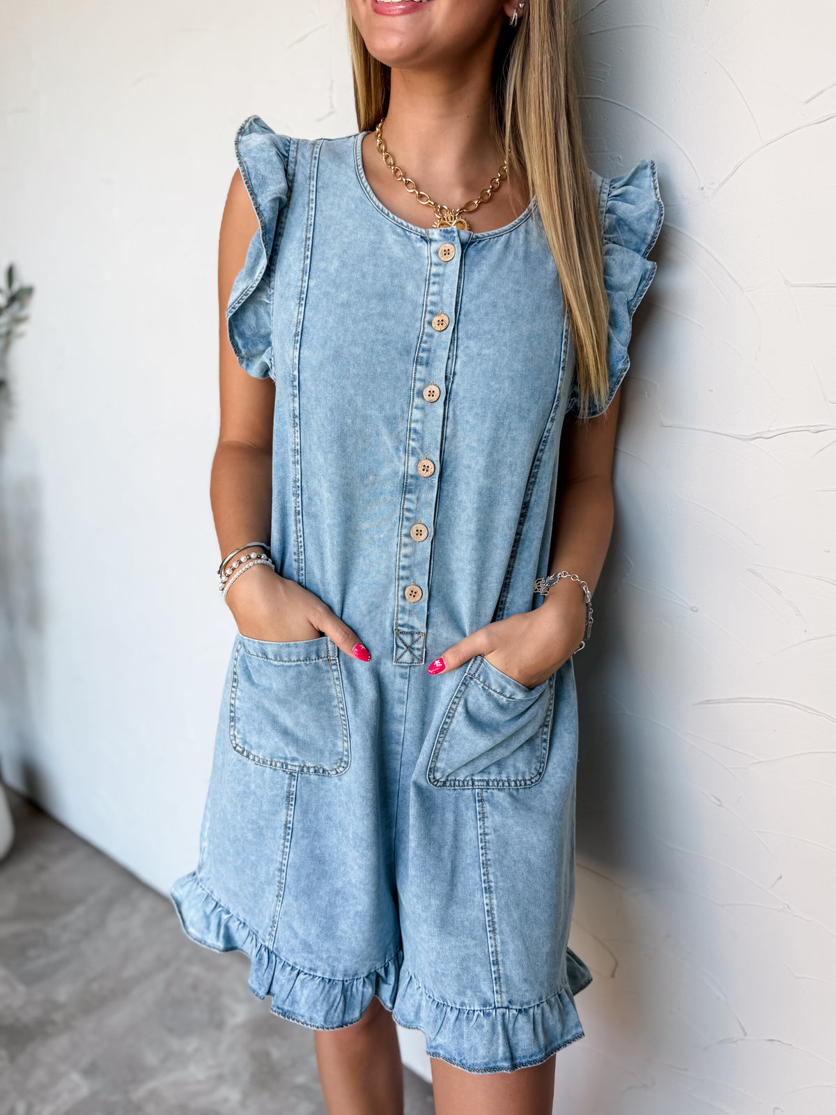 Everyday Affair Ruffle Denim Romper