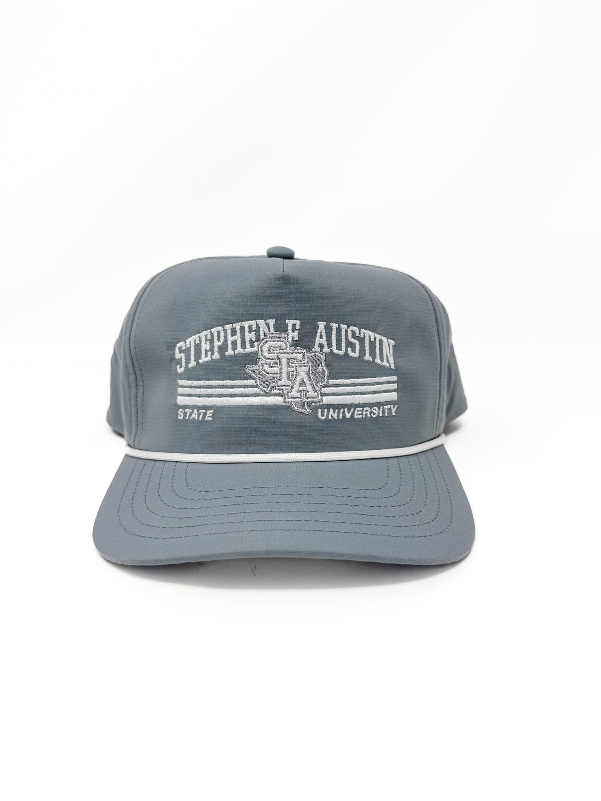 A gray snapback cap featuring white embroidered text that reads 'STEPHEN F. AUSTIN' and 'STATE UNIVERSITY' with a central crest, shown against a plain white background.
