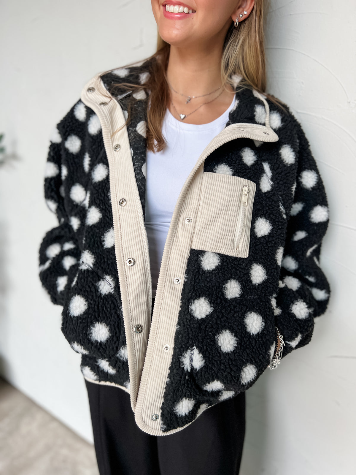 Made to Lounge Oversized Polka Dot Fleece Jacket- Off White/Black