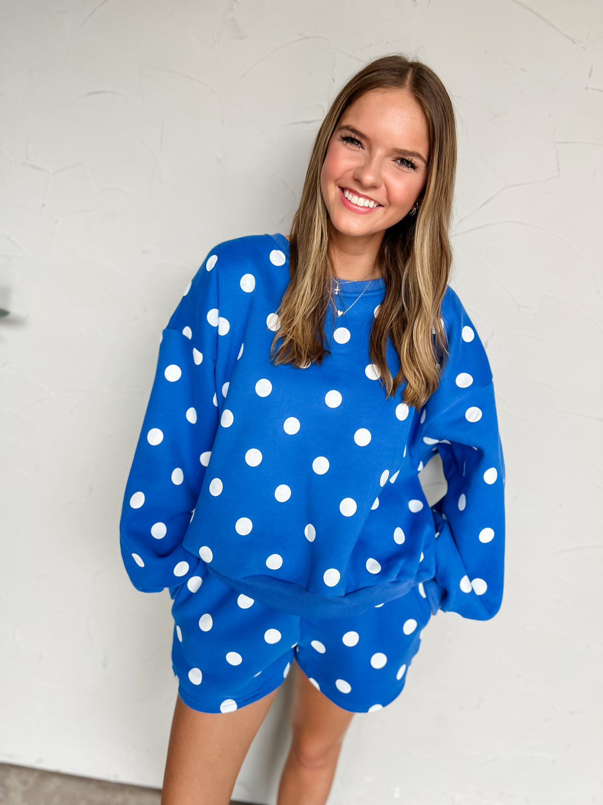 Peaceful Thoughts Polka Dot Fleece Set- Blue/White Dot