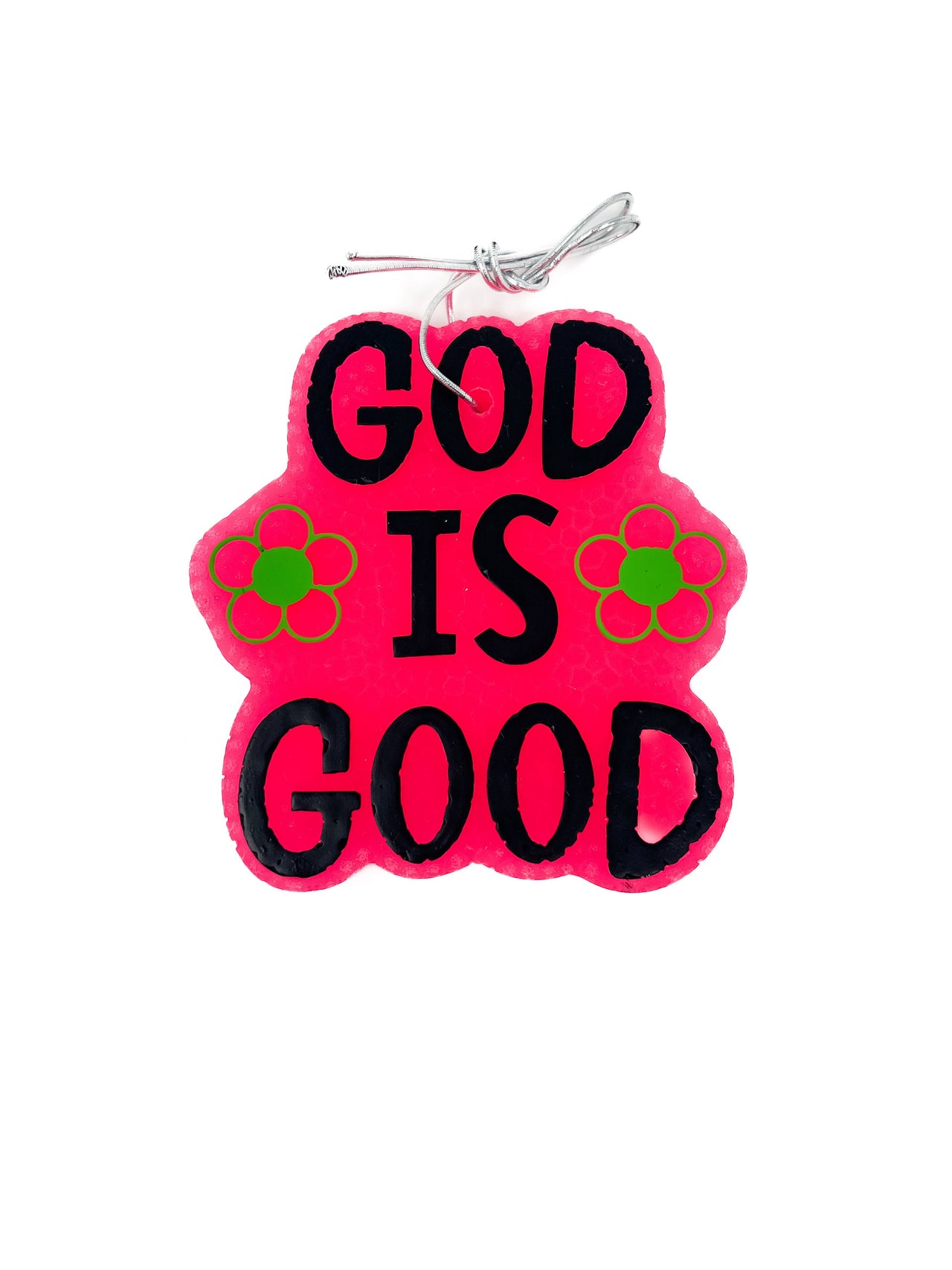 Pink paw-shaped sign with 'GOD IS GOOD' text on a white background
