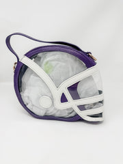 A purple and white football helmet-shaped handbag with a clear front window, shown on a white background.