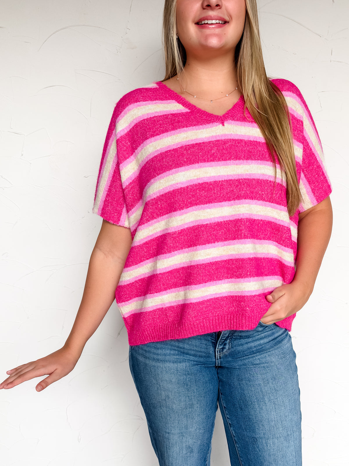 Fell For You Striped V Neck Wool Sweater- Hot Pink
