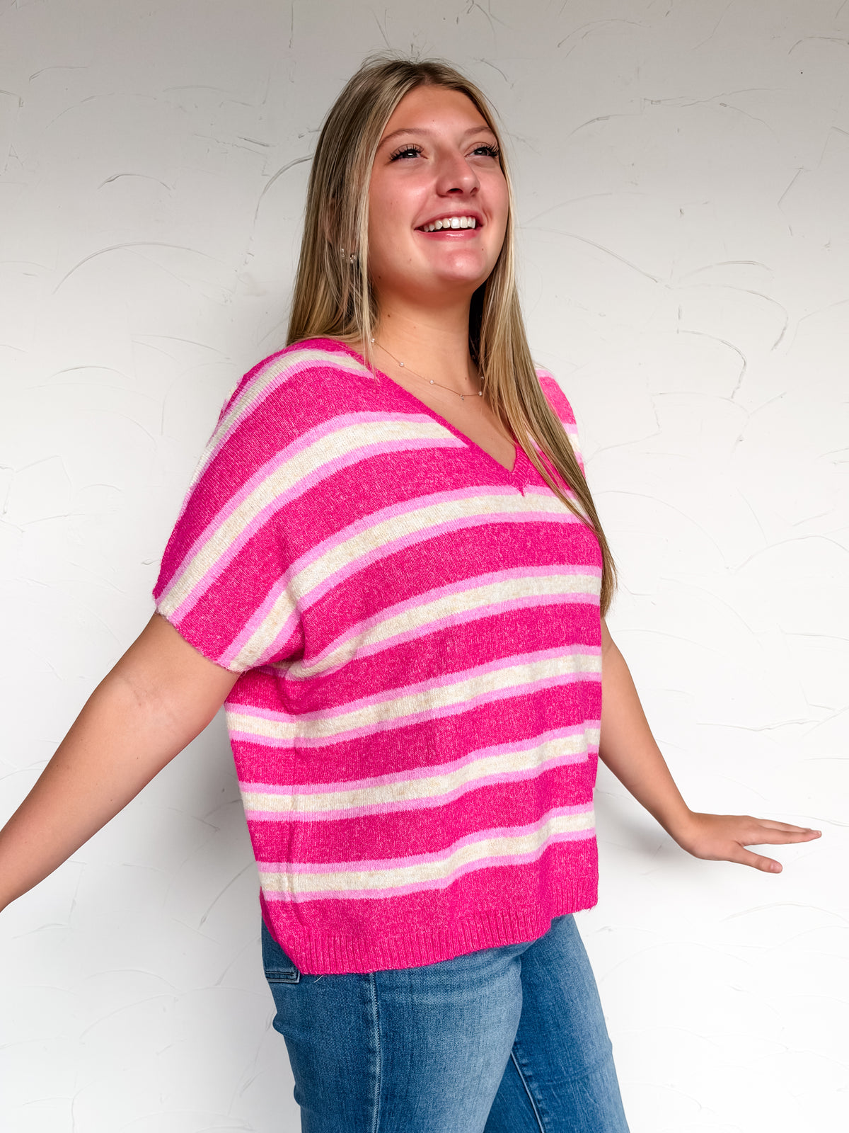 Fell For You Striped V Neck Wool Sweater- Hot Pink