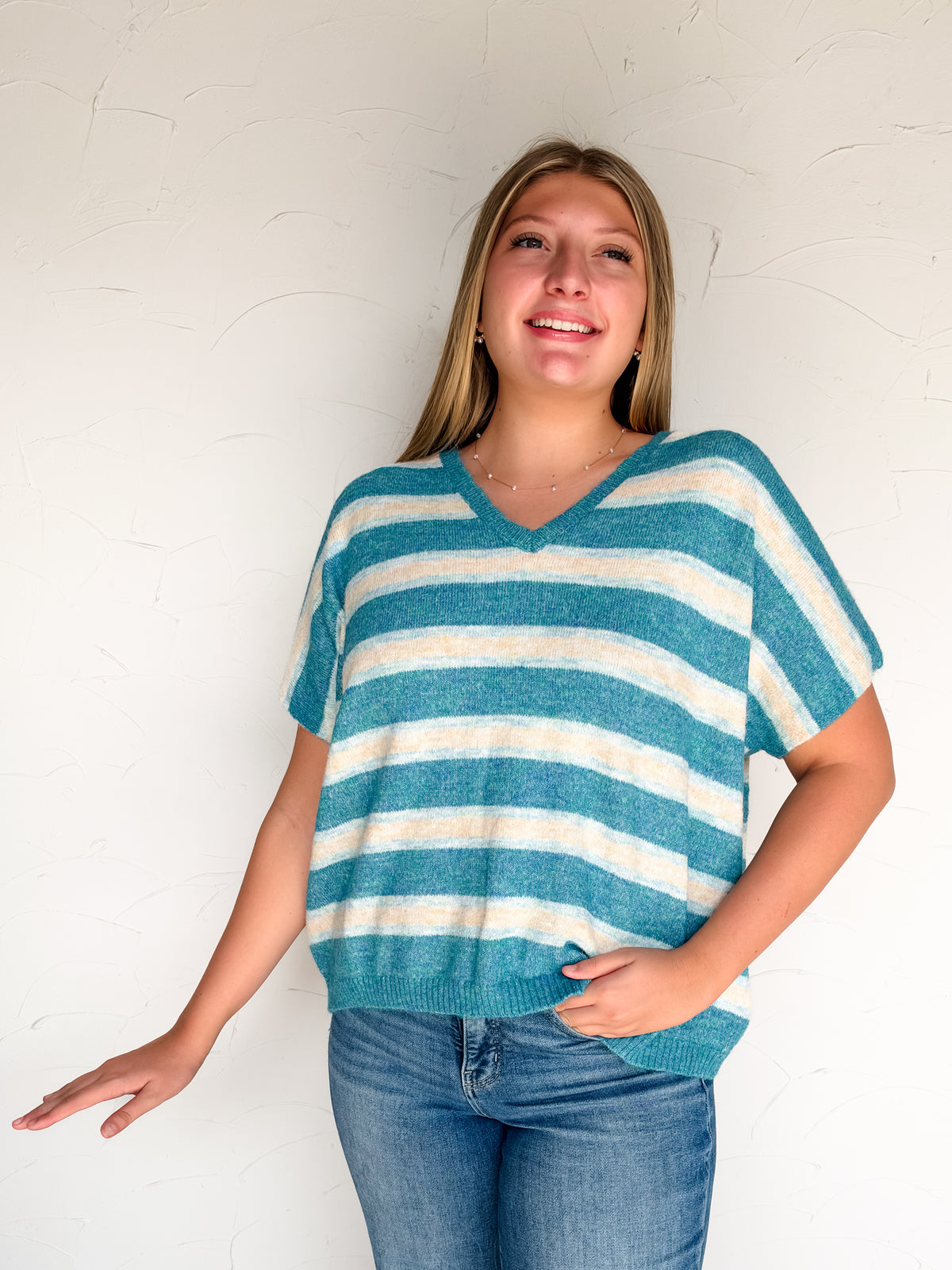 Fell For You Striped V Neck Wool Sweater- Lt Teal