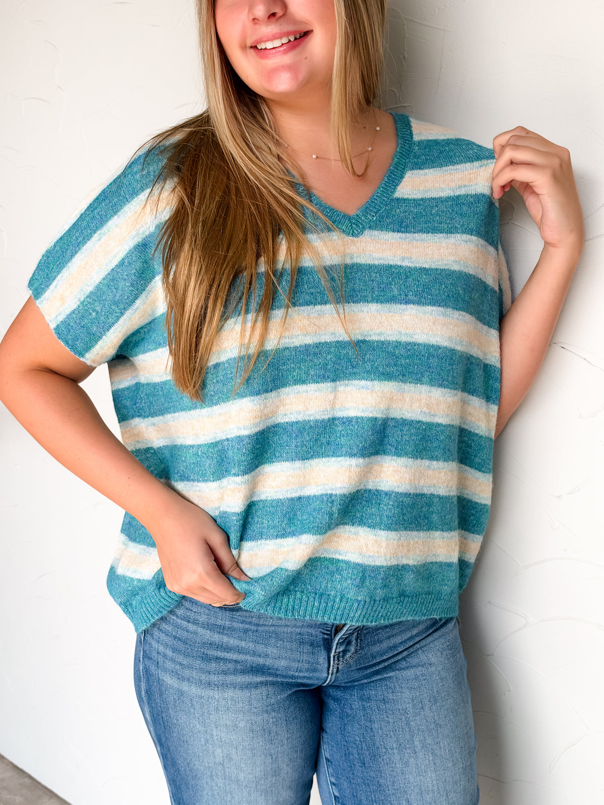Fell For You Striped V Neck Wool Sweater- Lt Teal