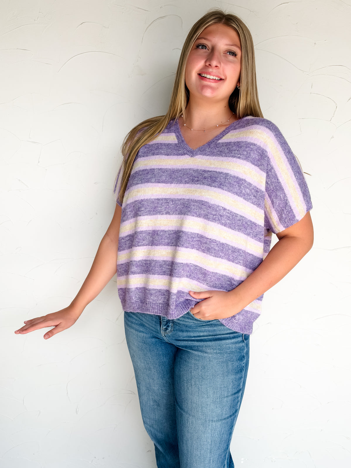 Fell For You Striped V Neck Wool Sweater- Lavender