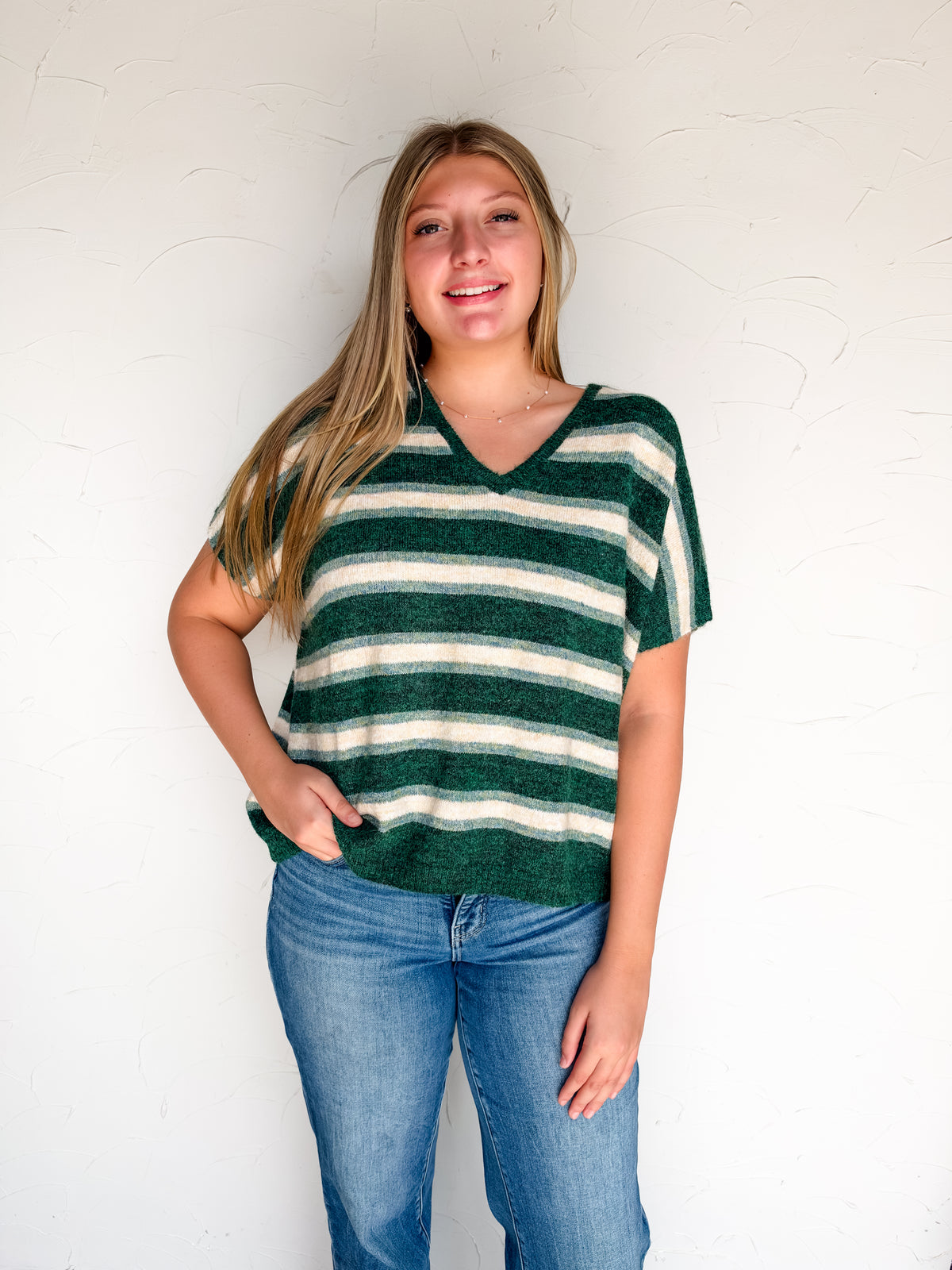 Fell For You Striped V Neck Wool Sweater- Hunter Green