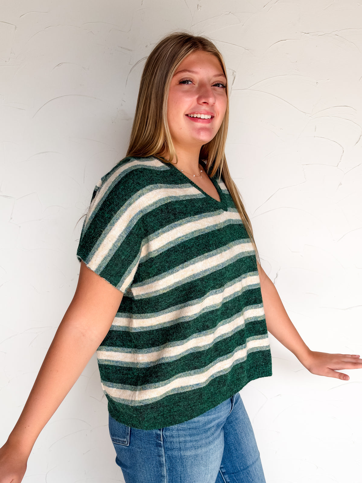 Fell For You Striped V Neck Wool Sweater- Hunter Green
