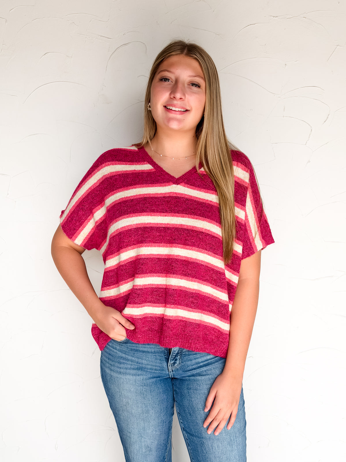 Fell For You Striped V Neck Wool Sweater- Plum