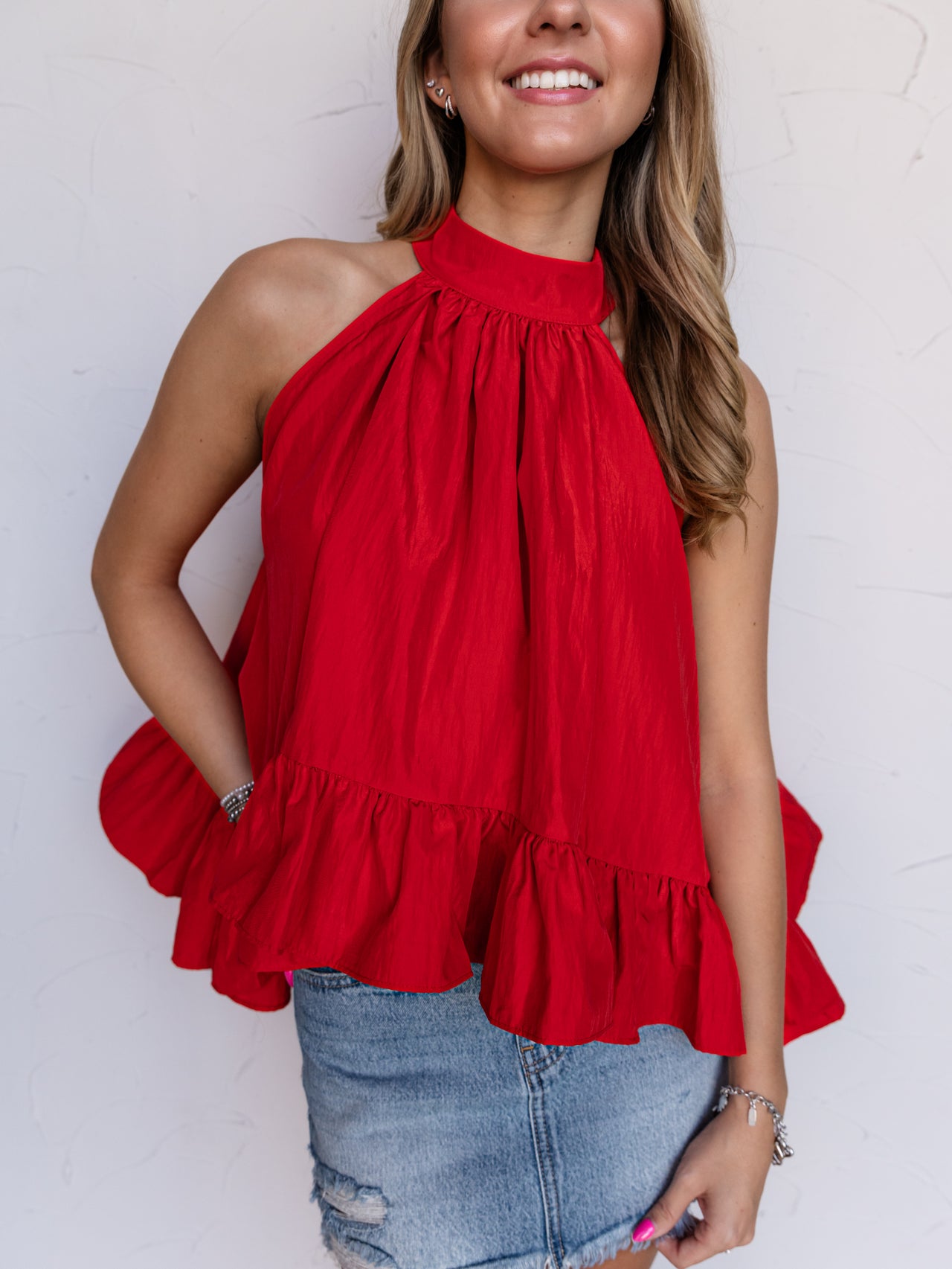 Looking Forward To The Future Halter Neck Tie Ruffe Top