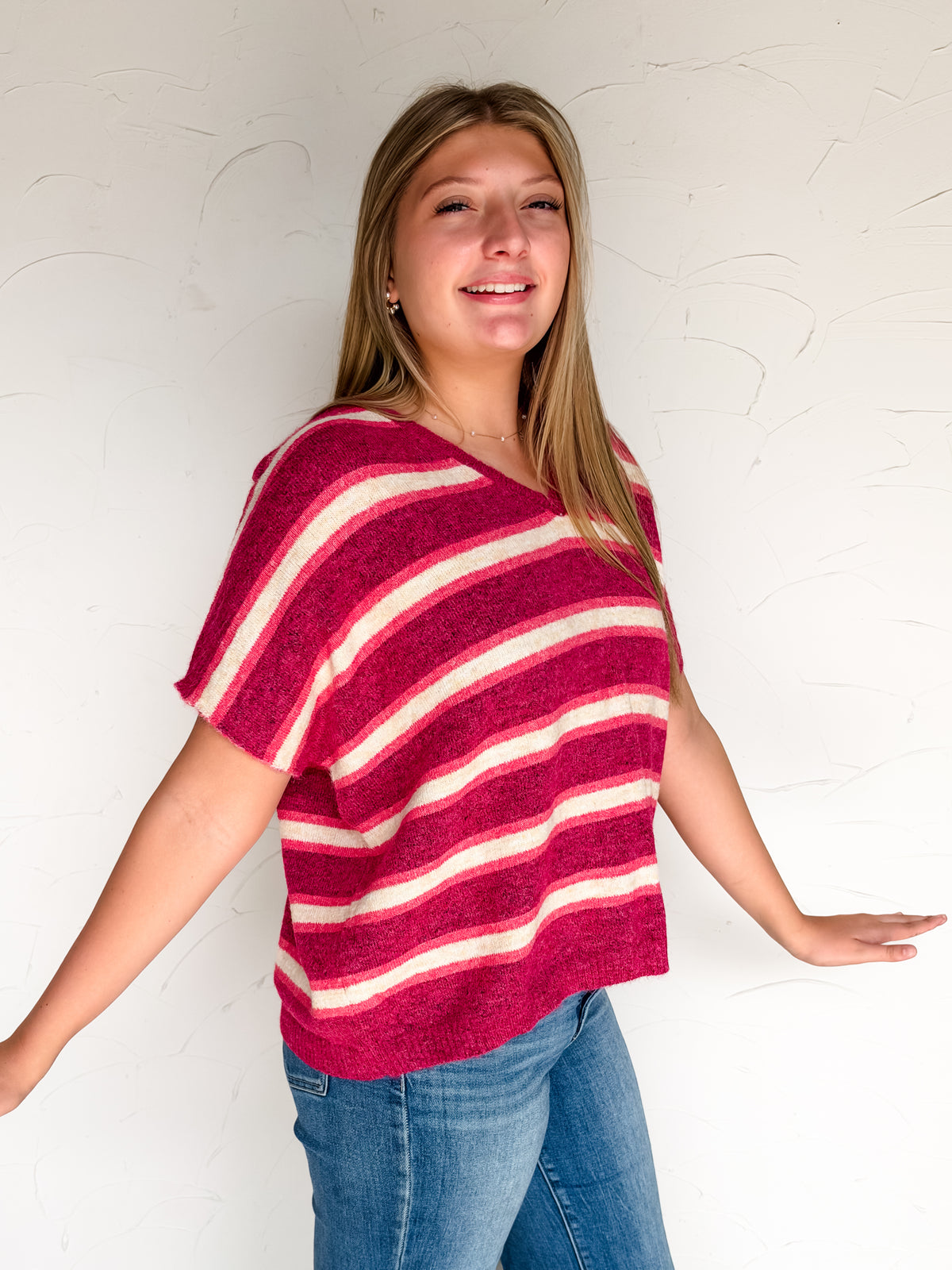 Fell For You Striped V Neck Wool Sweater- Plum