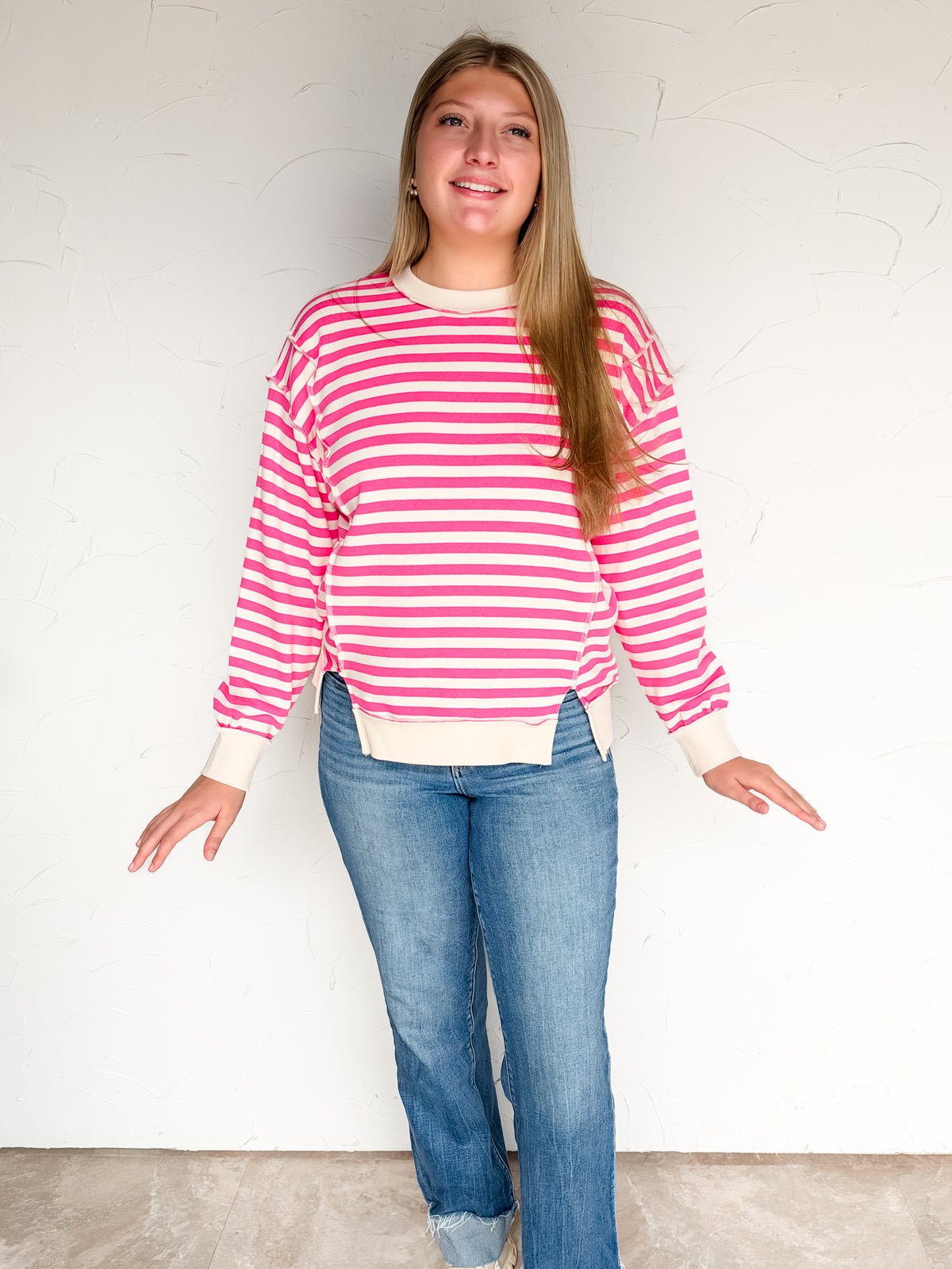 Most Requested Striped Exposed Seam Sweatshirt- Hot Pink