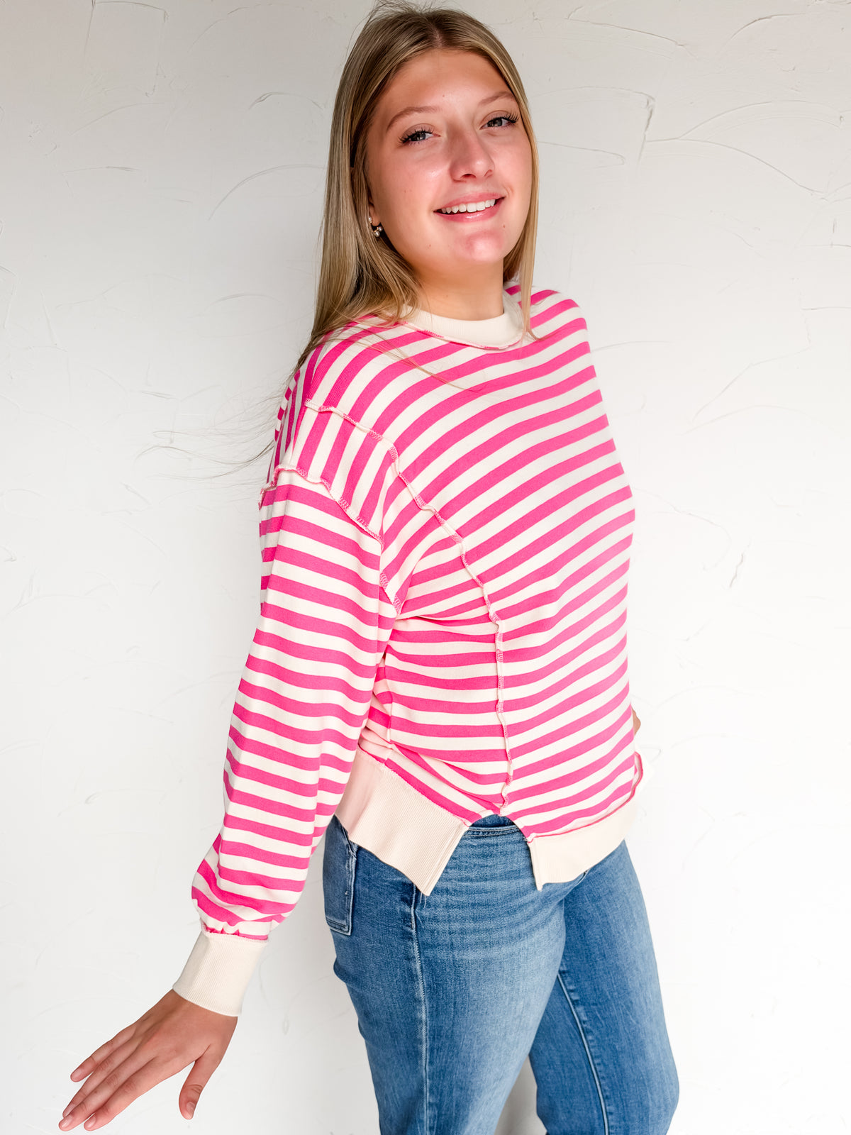 Most Requested Striped Exposed Seam Sweatshirt- Hot Pink