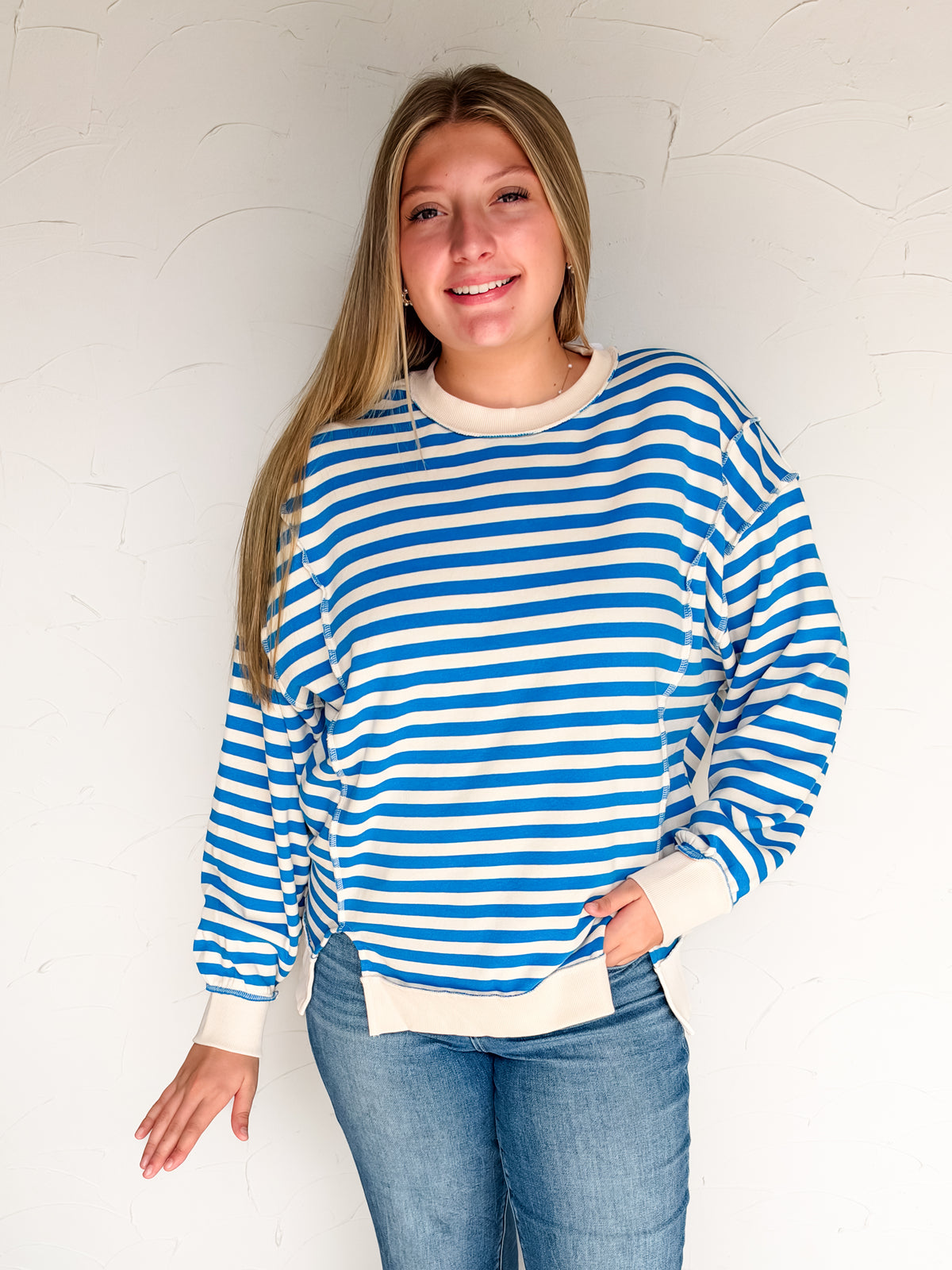 Most Requested Striped Exposed Seam Sweatshirt- Ocean Blue
