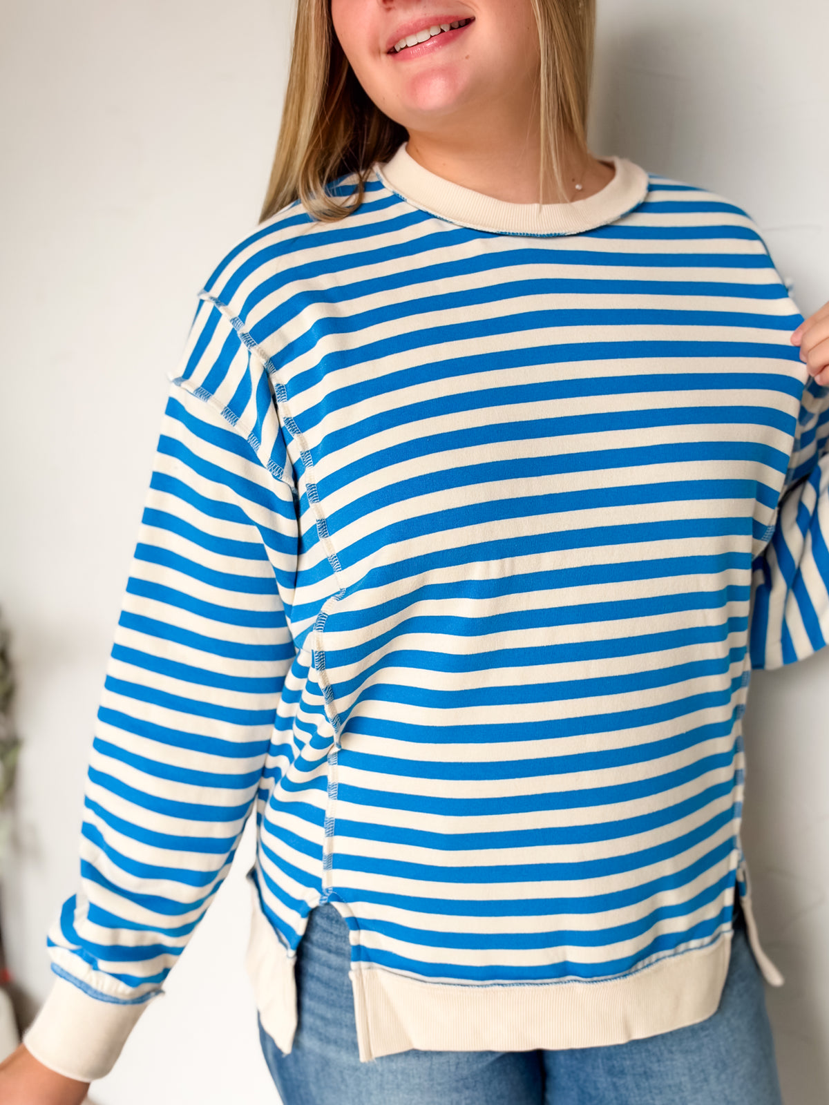 Most Requested Striped Exposed Seam Sweatshirt- Ocean Blue