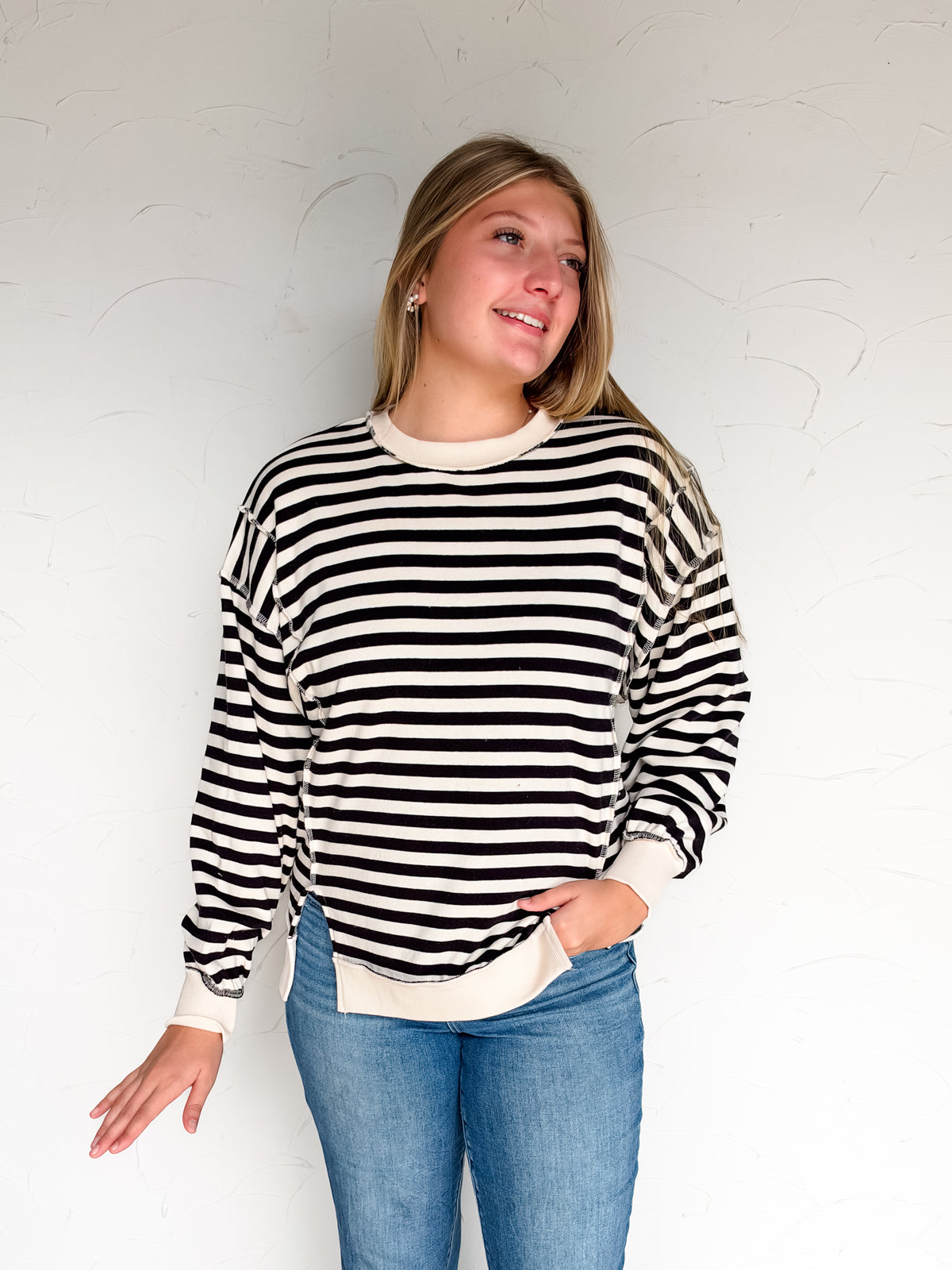 Most Requested Striped Exposed Seam Sweatshirt- Black