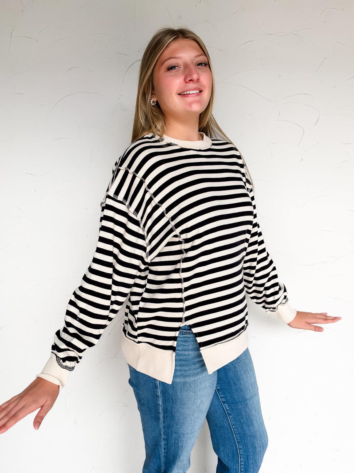Most Requested Striped Exposed Seam Sweatshirt- Black