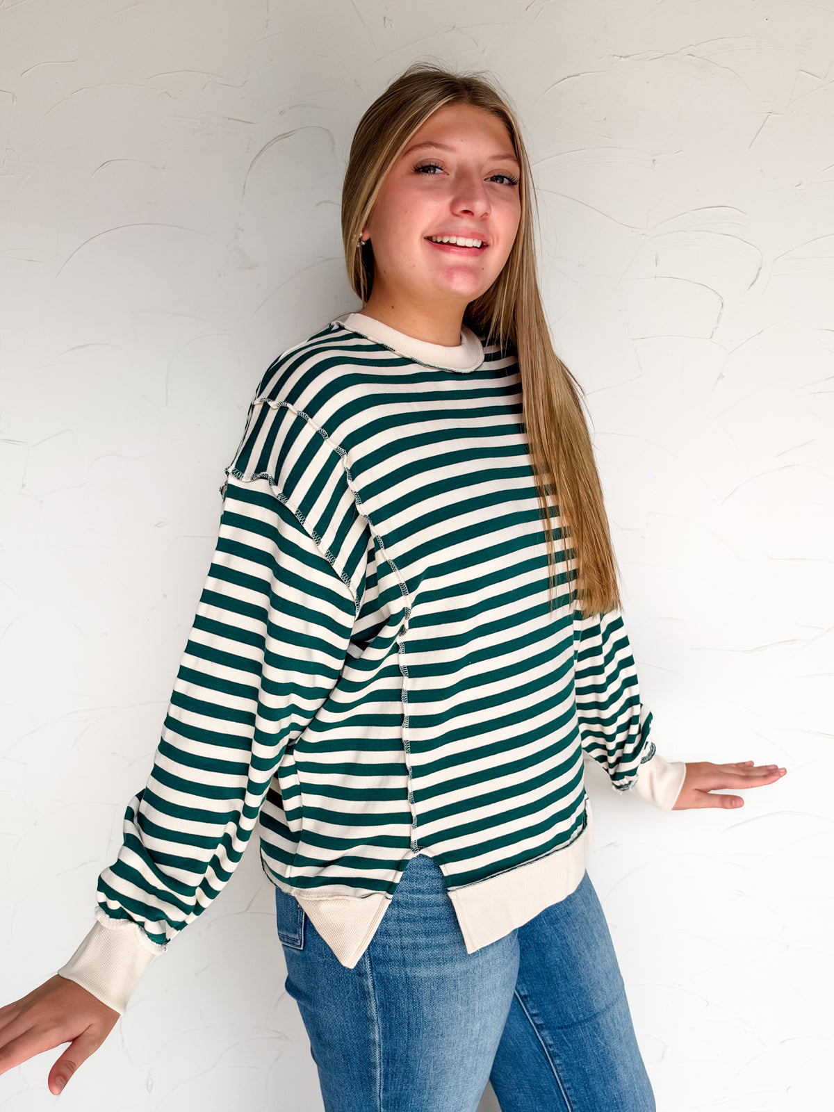 Most Requested Striped Exposed Seam Sweatshirt- Hunter Green