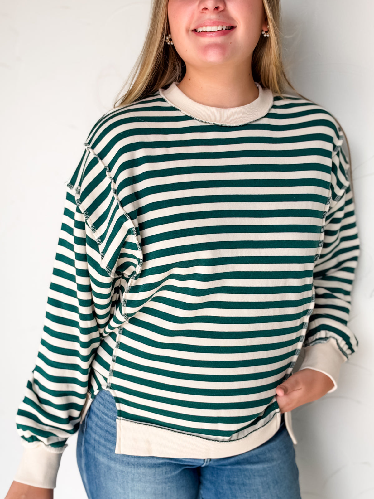 Most Requested Striped Exposed Seam Sweatshirt- Hunter Green