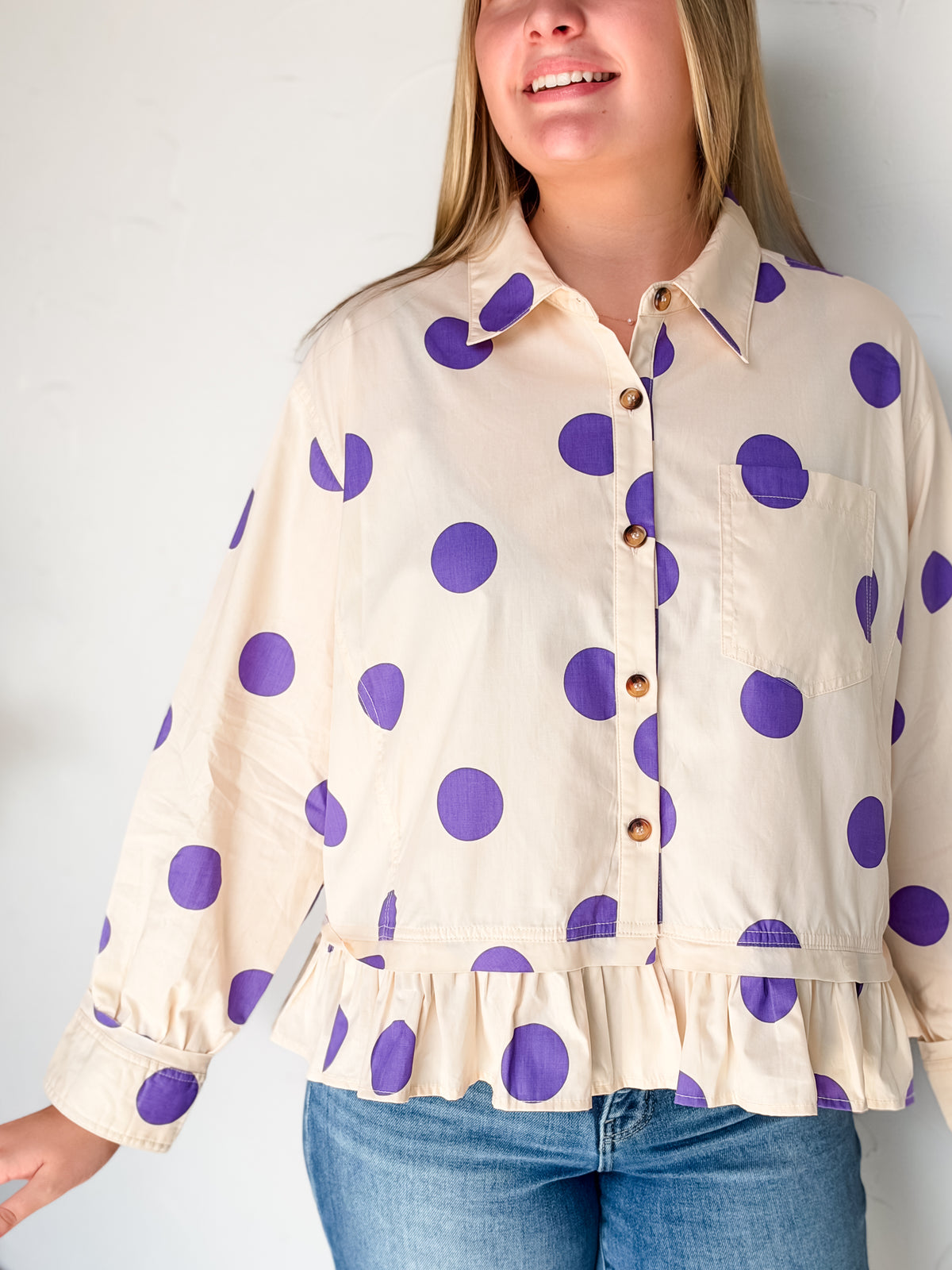 Style Statment Polka Dot Ruffle Hem Shirt