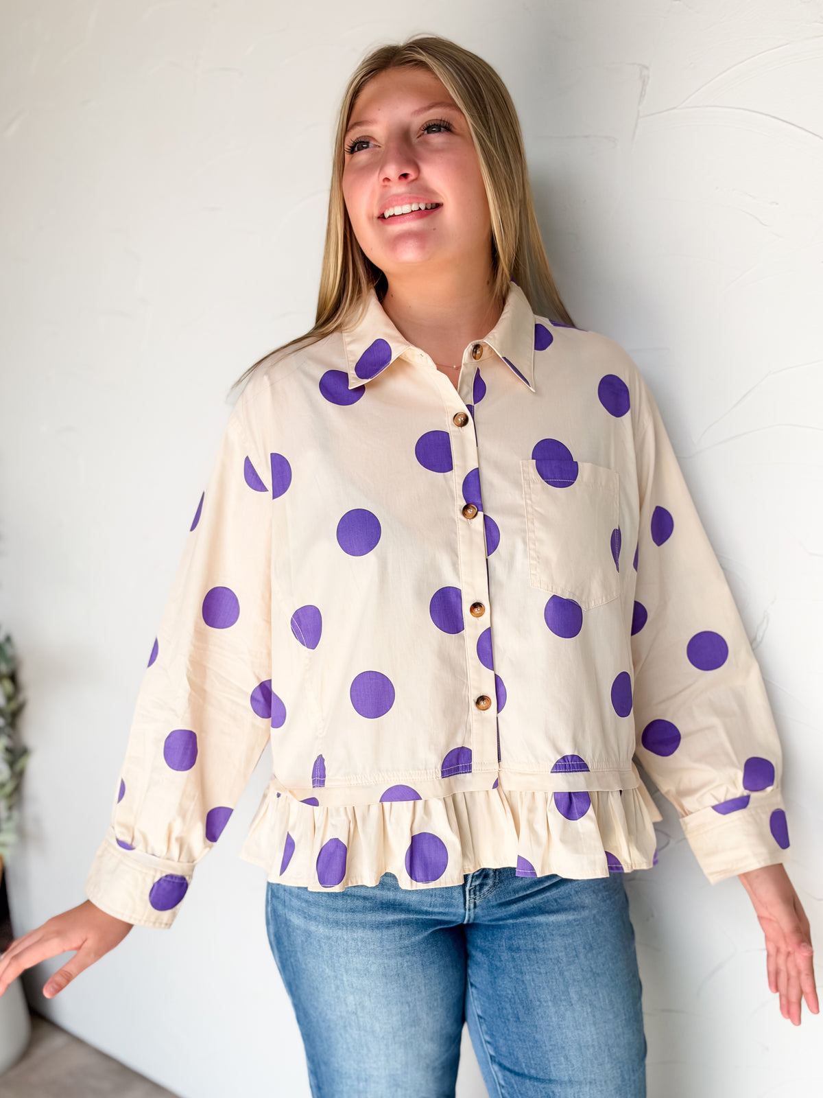 Style Statment Polka Dot Ruffle Hem Shirt