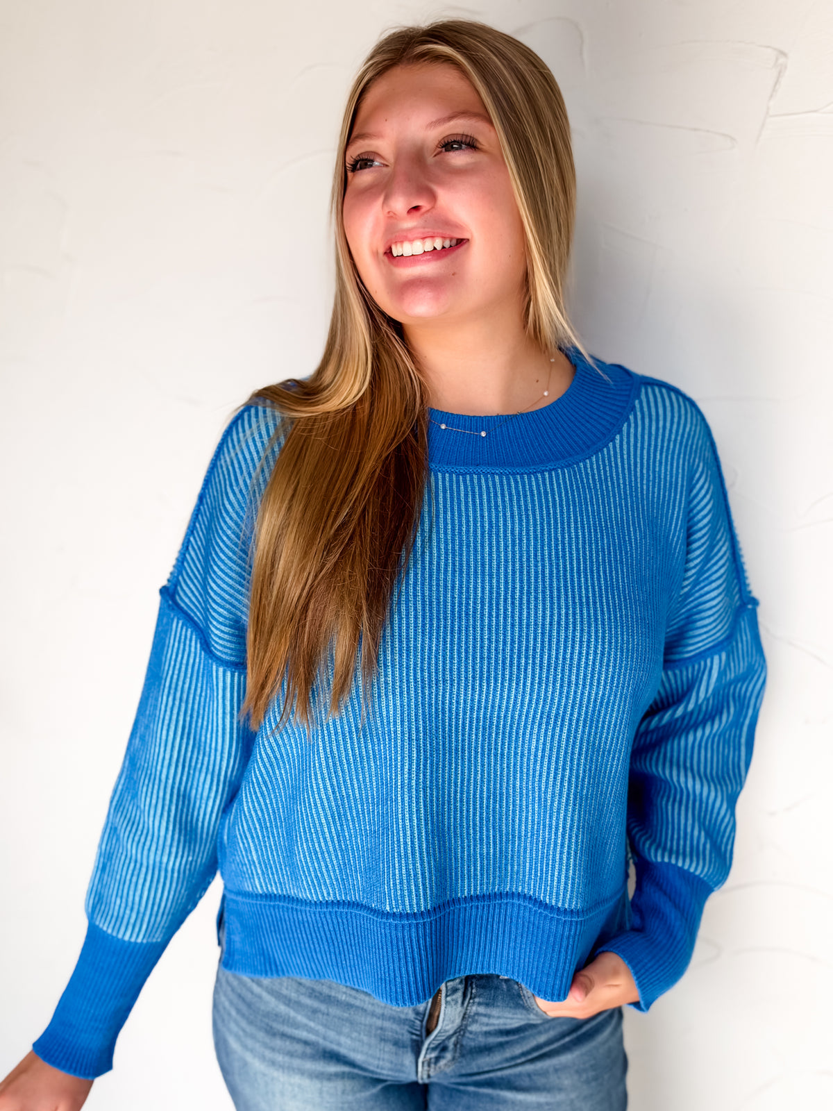 Worth Your While Exposed Seam Sweater- Ocean Sky/Sky Blue