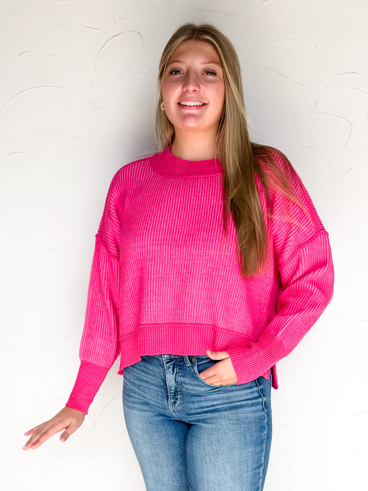 Worth Your While Exposed Seam Sweater- Hot Pink/Candy Pink