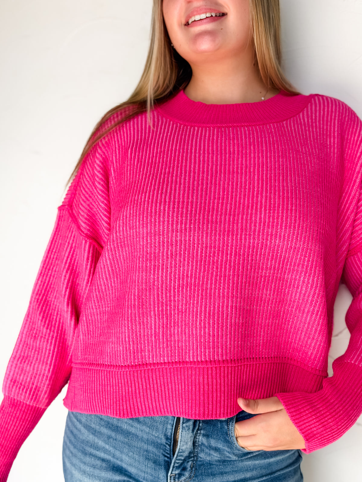 Worth Your While Exposed Seam Sweater- Hot Pink/Candy Pink