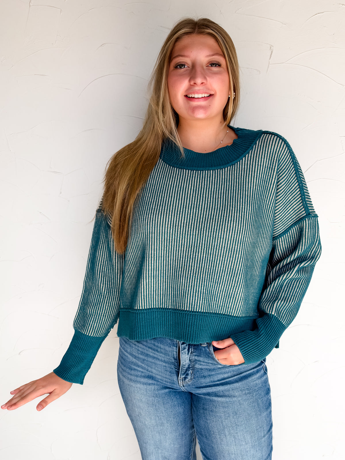 Worth Your While Exposed Seam Sweater- Teal